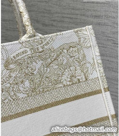 Buy Cheap Dior Medium Book Tote Bag in Gold-Tone and White Butterfly Around The World Embroidery CD9063