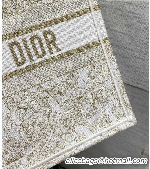 Buy Cheap Dior Medium Book Tote Bag in Gold-Tone and White Butterfly Around The World Embroidery CD9063