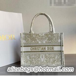 Super Quality Dior Small Book Tote Bag in Gold-Tone and White Butterfly Around The World Embroidery CD9064