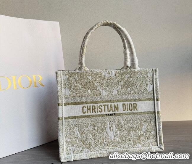 Super Quality Dior Small Book Tote Bag in Gold-Tone and White Butterfly Around The World Embroidery CD9064