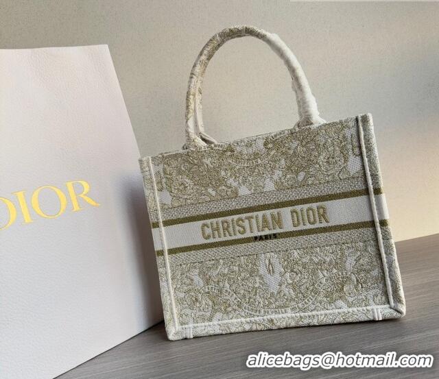 Super Quality Dior Small Book Tote Bag in Gold-Tone and White Butterfly Around The World Embroidery CD9064