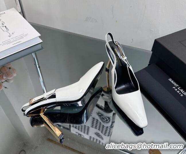 Fashion Saint Laurent Lee Slingback Pumps 10cm with Buckle in Patent Leather White 025044