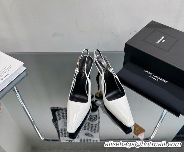 Fashion Saint Laurent Lee Slingback Pumps 10cm with Buckle in Patent Leather White 025044