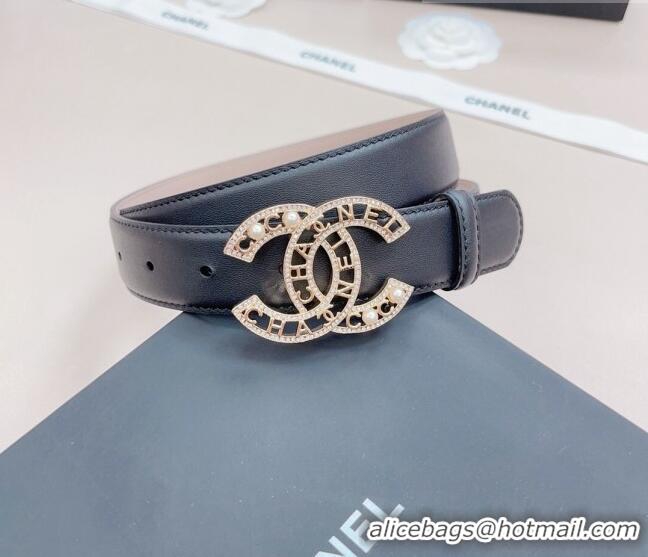 Buy Grade Chanel Calfskin Belt 3cm with Pearl Coco Buckle CH218 Black