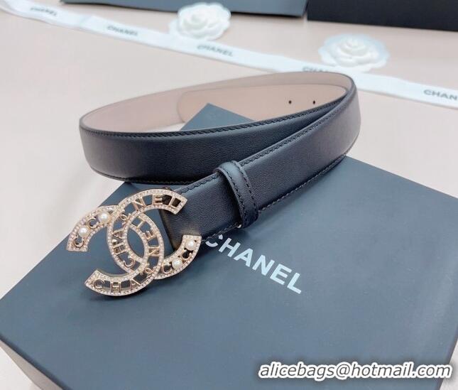 Buy Grade Chanel Calfskin Belt 3cm with Pearl Coco Buckle CH218 Black