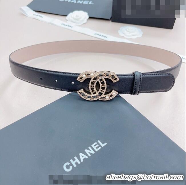 Buy Grade Chanel Calfskin Belt 3cm with Pearl Coco Buckle CH218 Black