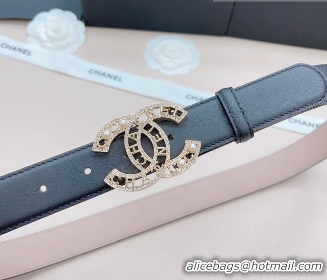 Buy Grade Chanel Calfskin Belt 3cm with Pearl Coco Buckle CH218 Black