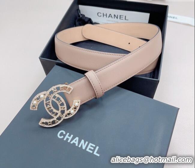 ​Buy Inexpensive Chanel Calfskin Belt 3cm with Pearl Coco Buckle CH218 Beige