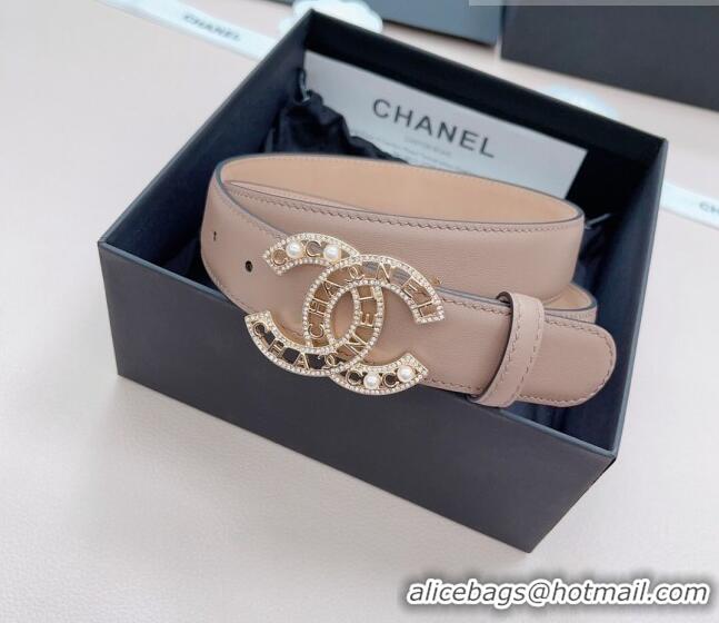 ​Buy Inexpensive Chanel Calfskin Belt 3cm with Pearl Coco Buckle CH218 Beige