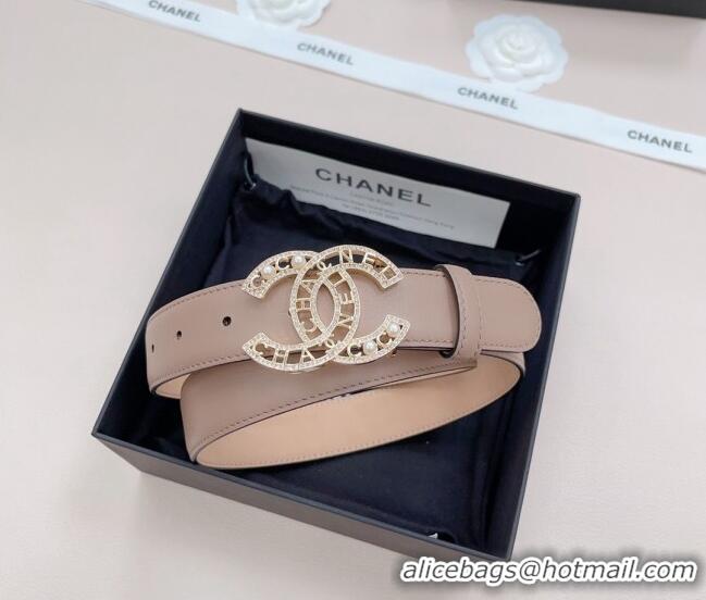 ​Buy Inexpensive Chanel Calfskin Belt 3cm with Pearl Coco Buckle CH218 Beige