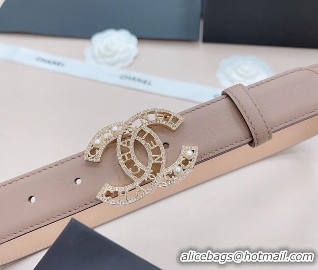 ​Buy Inexpensive Chanel Calfskin Belt 3cm with Pearl Coco Buckle CH218 Beige