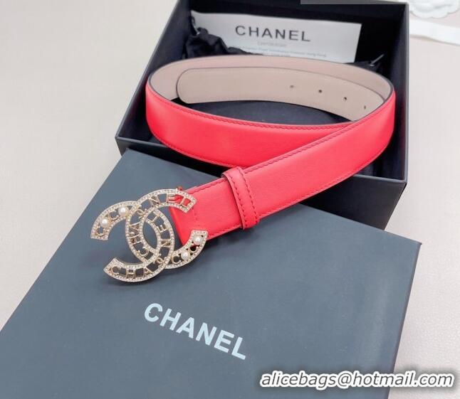 Buy Discount Chanel Calfskin Belt 3cm with Pearl Coco Buckle CH218 Red