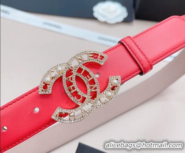 Buy Discount Chanel Calfskin Belt 3cm with Pearl Coco Buckle CH218 Red