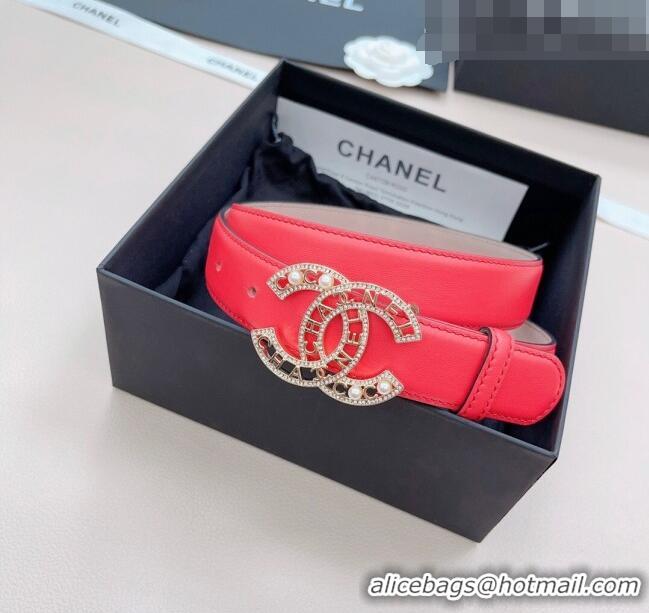 Buy Discount Chanel Calfskin Belt 3cm with Pearl Coco Buckle CH218 Red