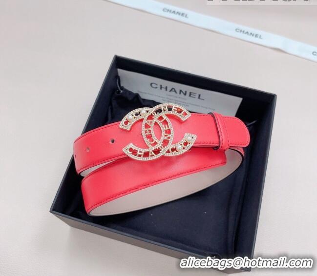 Buy Discount Chanel Calfskin Belt 3cm with Pearl Coco Buckle CH218 Red