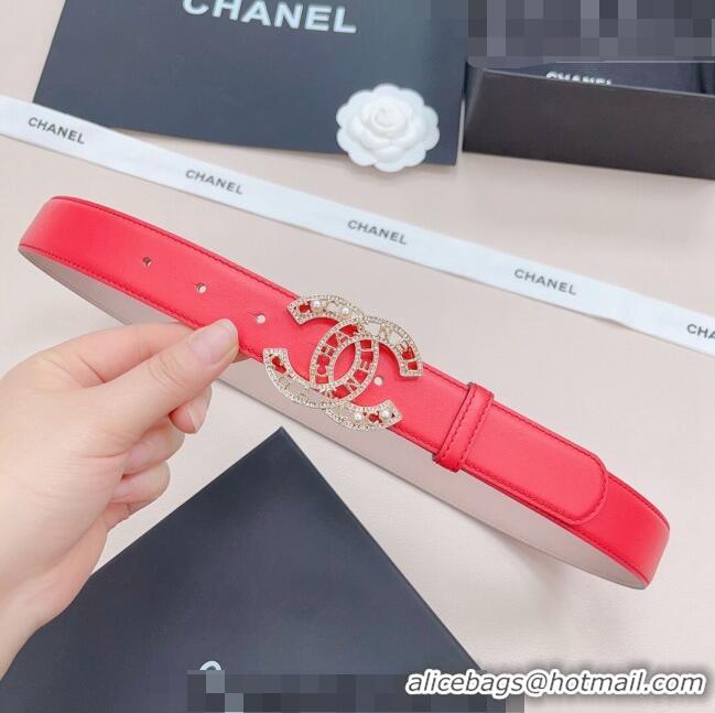 Buy Discount Chanel Calfskin Belt 3cm with Pearl Coco Buckle CH218 Red