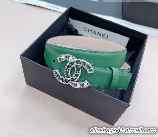 Best Cheap Chanel Calfskin Belt 3cm with Pearl Coco Buckle CH218 Green