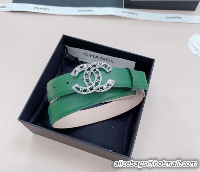 Best Cheap Chanel Calfskin Belt 3cm with Pearl Coco Buckle CH218 Green