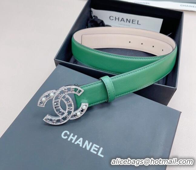 Best Cheap Chanel Calfskin Belt 3cm with Pearl Coco Buckle CH218 Green