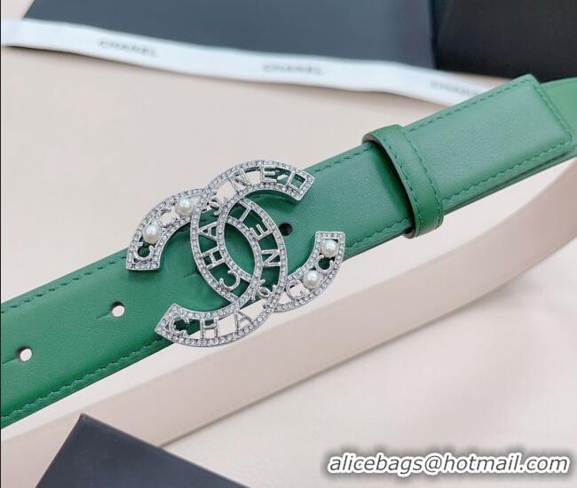 Best Cheap Chanel Calfskin Belt 3cm with Pearl Coco Buckle CH218 Green