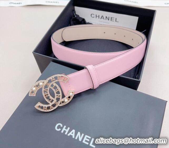 Inexpensive Chanel Calfskin Belt 3cm with Pearl Coco Buckle CH218 Light Pink