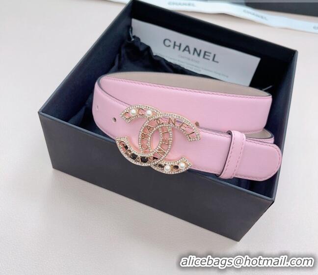 Inexpensive Chanel Calfskin Belt 3cm with Pearl Coco Buckle CH218 Light Pink