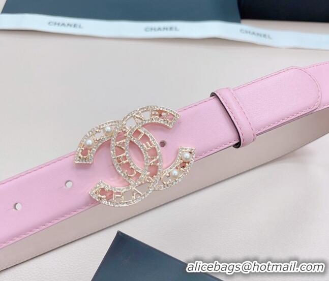 Inexpensive Chanel Calfskin Belt 3cm with Pearl Coco Buckle CH218 Light Pink