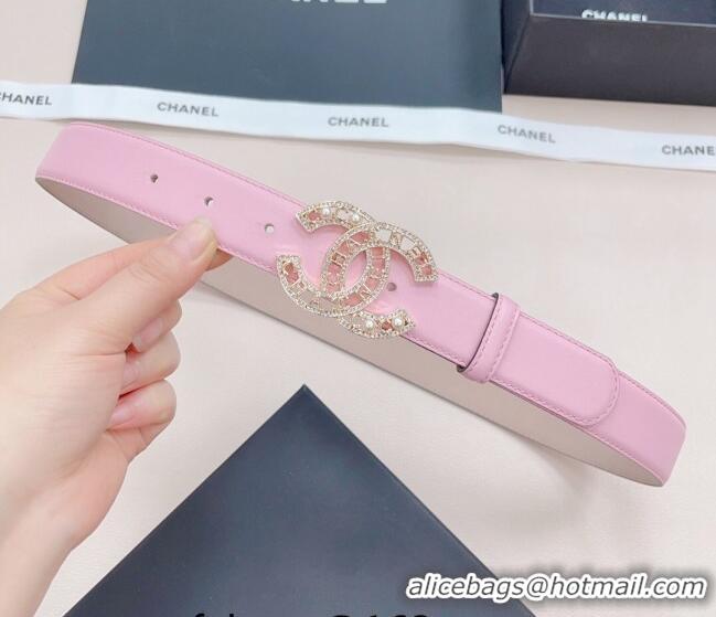 Inexpensive Chanel Calfskin Belt 3cm with Pearl Coco Buckle CH218 Light Pink