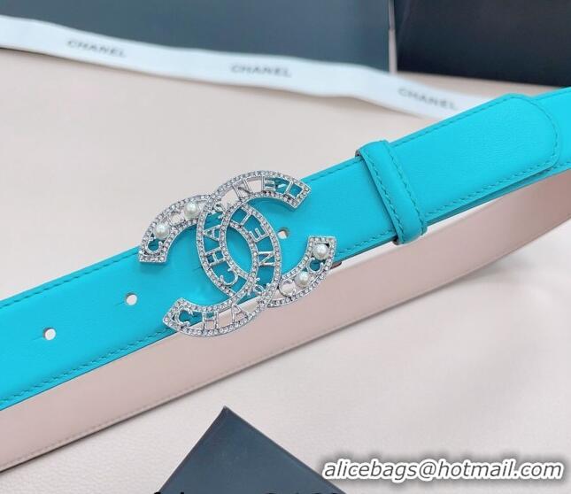 Grade Discount Chanel Calfskin Belt 3cm with Pearl Coco Buckle CH218 Sky Blue