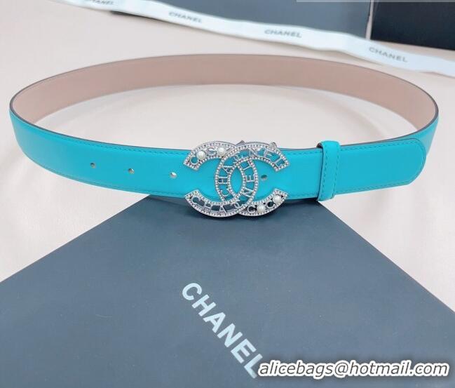 Grade Discount Chanel Calfskin Belt 3cm with Pearl Coco Buckle CH218 Sky Blue