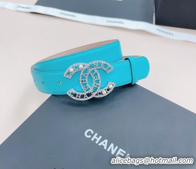 Grade Discount Chanel Calfskin Belt 3cm with Pearl Coco Buckle CH218 Sky Blue