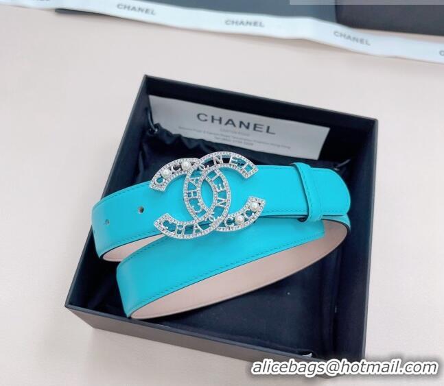 Grade Discount Chanel Calfskin Belt 3cm with Pearl Coco Buckle CH218 Sky Blue