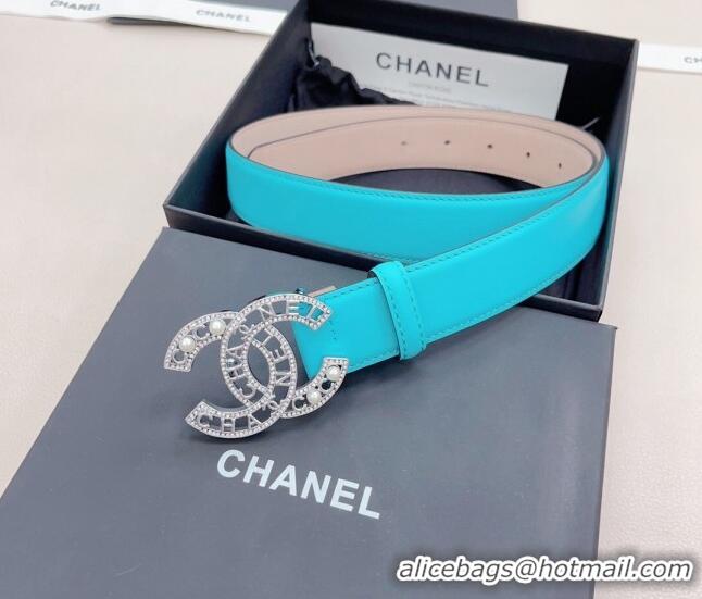 Grade Discount Chanel Calfskin Belt 3cm with Pearl Coco Buckle CH218 Sky Blue