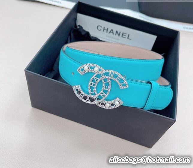 Grade Discount Chanel Calfskin Belt 3cm with Pearl Coco Buckle CH218 Sky Blue