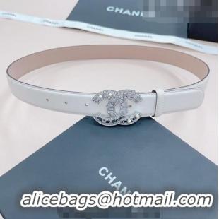 ​Trendy Design Chanel Calfskin Belt 3cm with Pearl Coco Buckle CH218 White