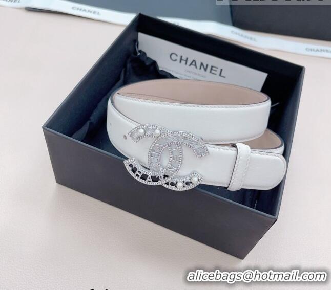 ​Trendy Design Chanel Calfskin Belt 3cm with Pearl Coco Buckle CH218 White