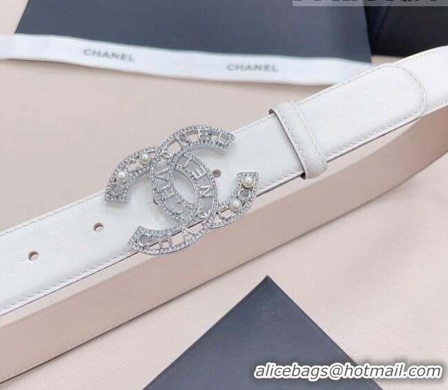 ​Trendy Design Chanel Calfskin Belt 3cm with Pearl Coco Buckle CH218 White