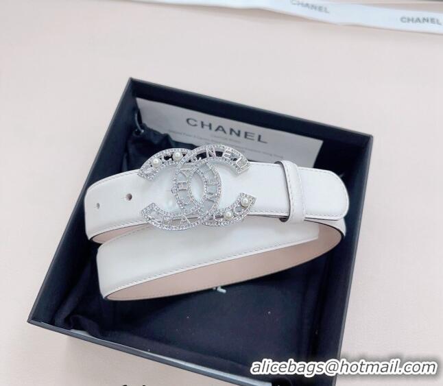 ​Trendy Design Chanel Calfskin Belt 3cm with Pearl Coco Buckle CH218 White