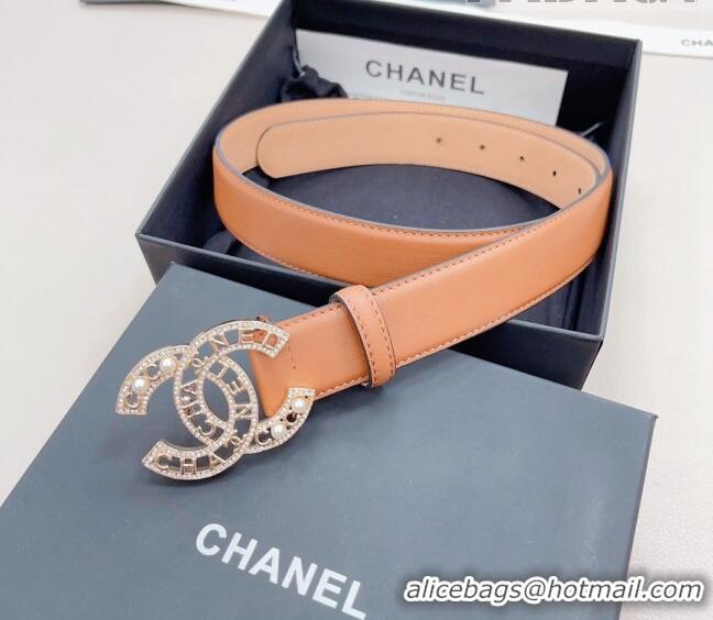 Top Quality Chanel Calfskin Belt 3cm with Pearl Coco Buckle CH218 Brown