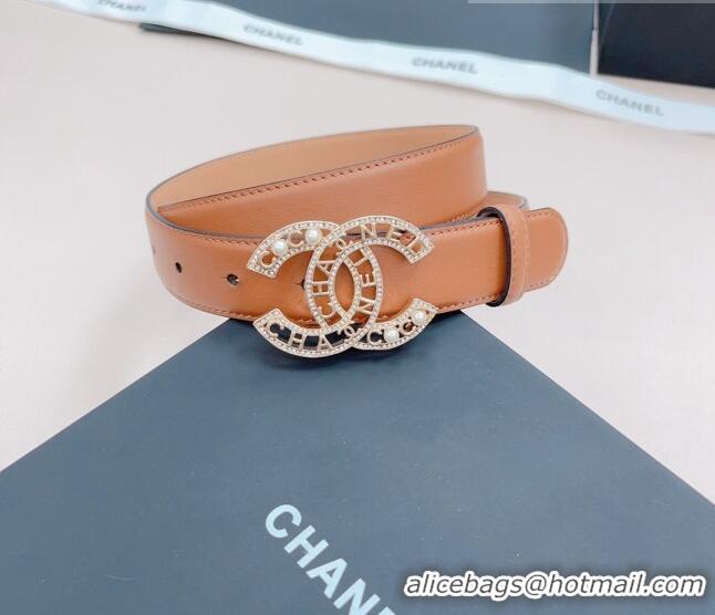 Top Quality Chanel Calfskin Belt 3cm with Pearl Coco Buckle CH218 Brown