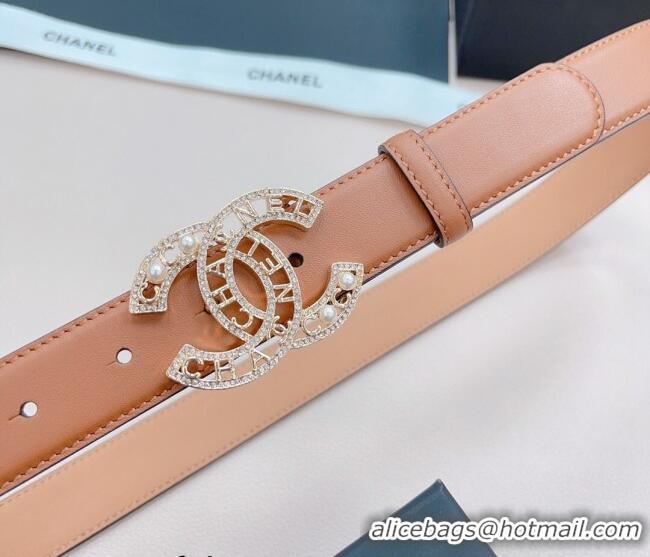 Top Quality Chanel Calfskin Belt 3cm with Pearl Coco Buckle CH218 Brown