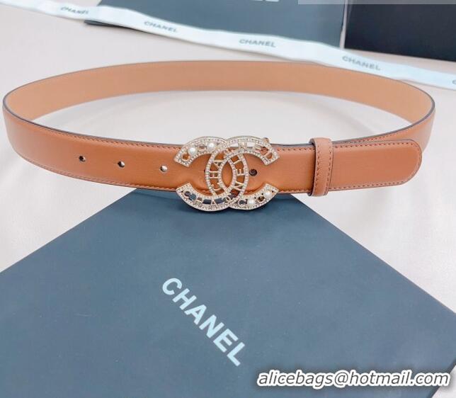 Top Quality Chanel Calfskin Belt 3cm with Pearl Coco Buckle CH218 Brown