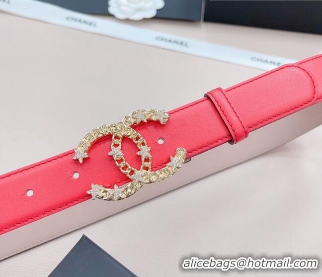 ​Super Quality Chanel Calfskin Belt 3cm with Star CC Buckle CH219 Red