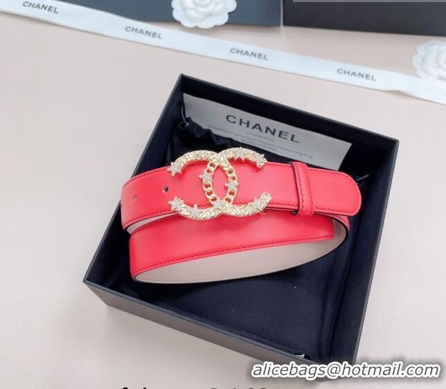 ​Super Quality Chanel Calfskin Belt 3cm with Star CC Buckle CH219 Red