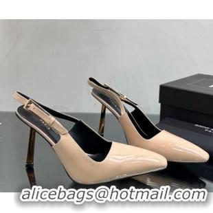 Best Price Saint Laurent Lee Slingback Pumps 10cm with Buckle in Patent Leather Nude 025046