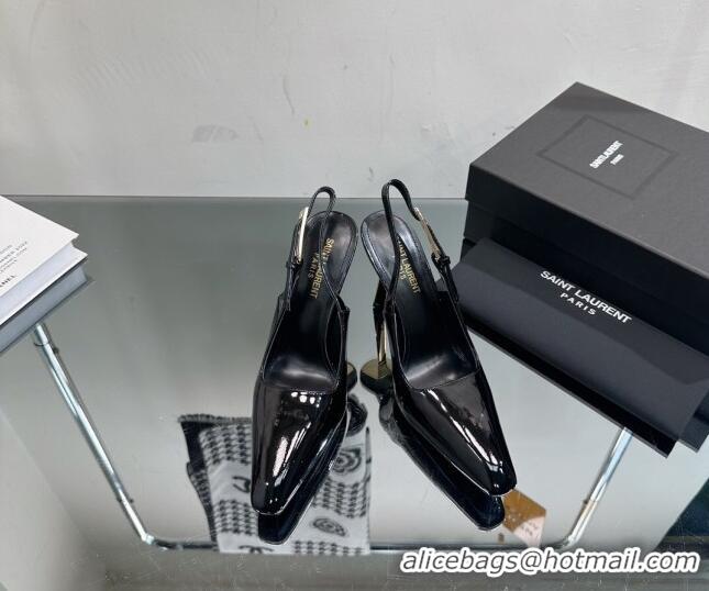 Good Looking Saint Laurent Lee Slingback Pumps 10cm with Buckle in Patent Leather Black/Silver 025047