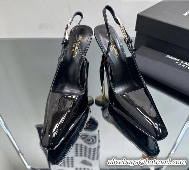 Good Looking Saint Laurent Lee Slingback Pumps 10cm with Buckle in Patent Leather Black/Silver 025047