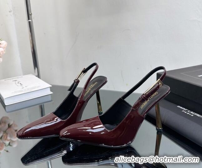 Top Grade Saint Laurent Lee Slingback Pumps 10cm with Buckle in Patent Leather Burgundy 025049