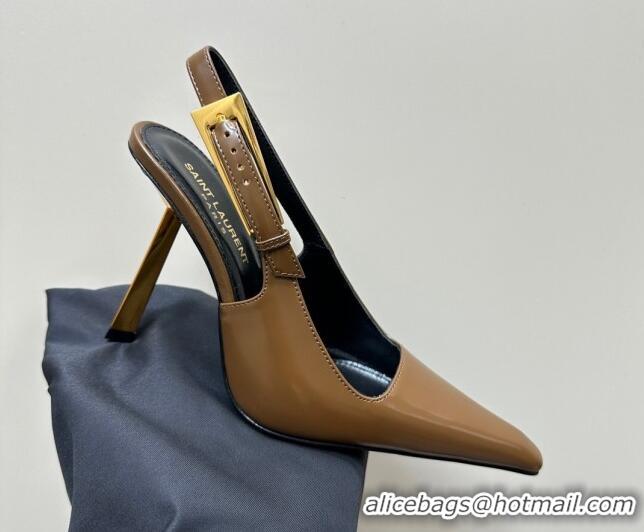 Best Grade Saint Laurent Lee Slingback Pumps 10.5cm with Buckle in Brushed Leather Brown 106058