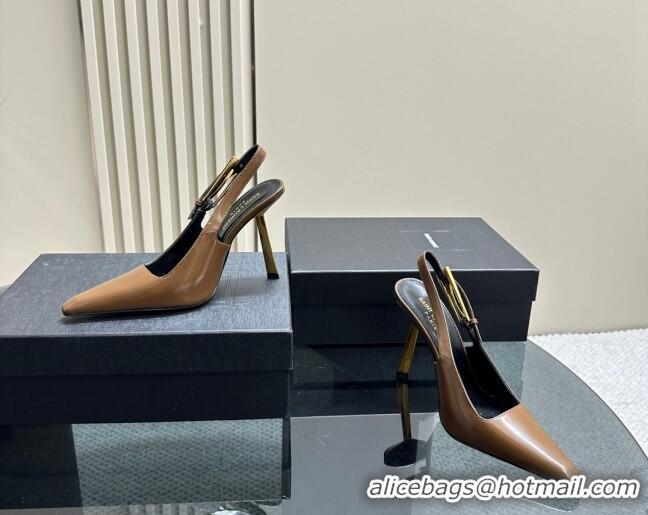 Best Grade Saint Laurent Lee Slingback Pumps 10.5cm with Buckle in Brushed Leather Brown 106058